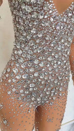 Sparkling Full Crystal Illusion Jumpsuit Long Sleeve Rhinestone Catsuit Stage Wear
