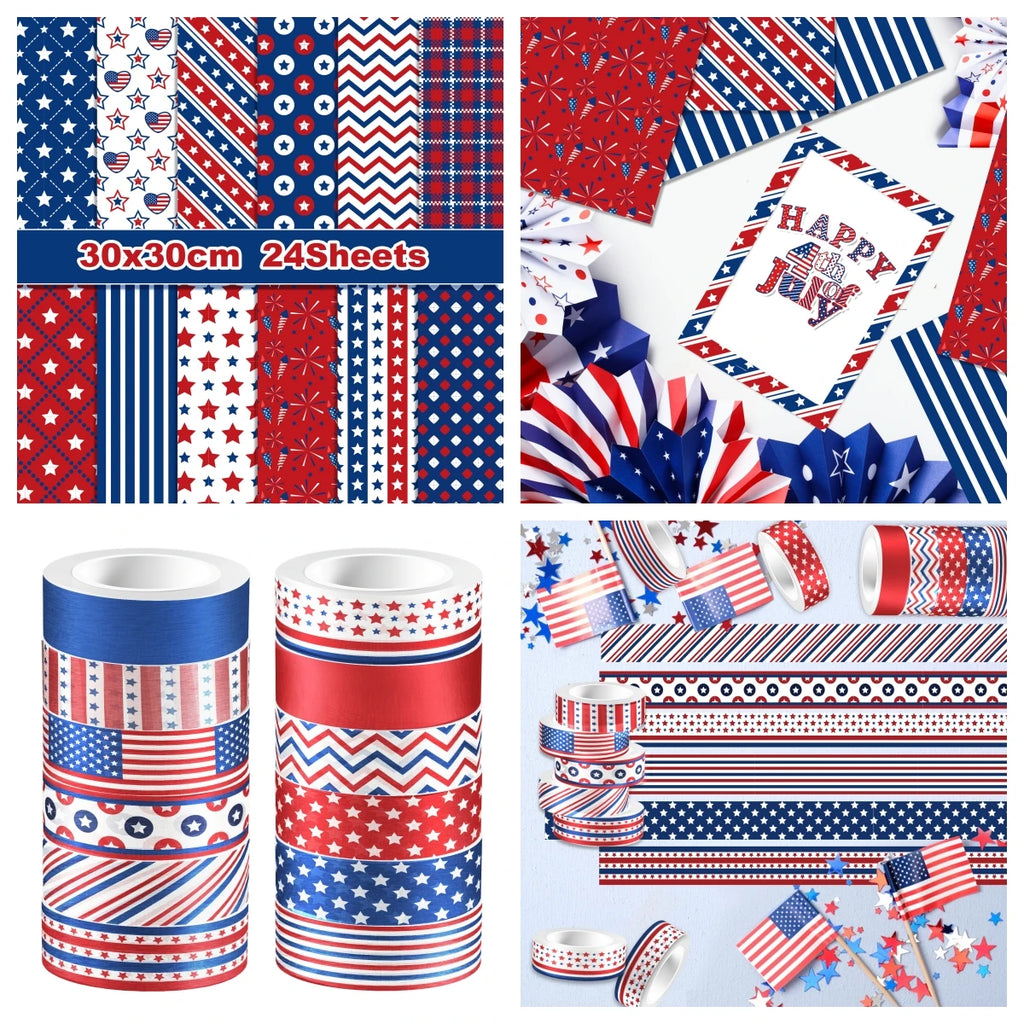 Blue USA July 4th Day Handbook Background DIY Scrapbook Paper and Washi Tape Material Background DIY Origami Decorative Paper