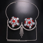 Rhinestone Flower Nipple Pasties & Body Chain Bra Set