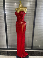 Sparkly Crystal Women Sexy Strapless Mesh See Through Long Maxi Bodycon Dress Elegant Evening Party Birthday Wedding Wear