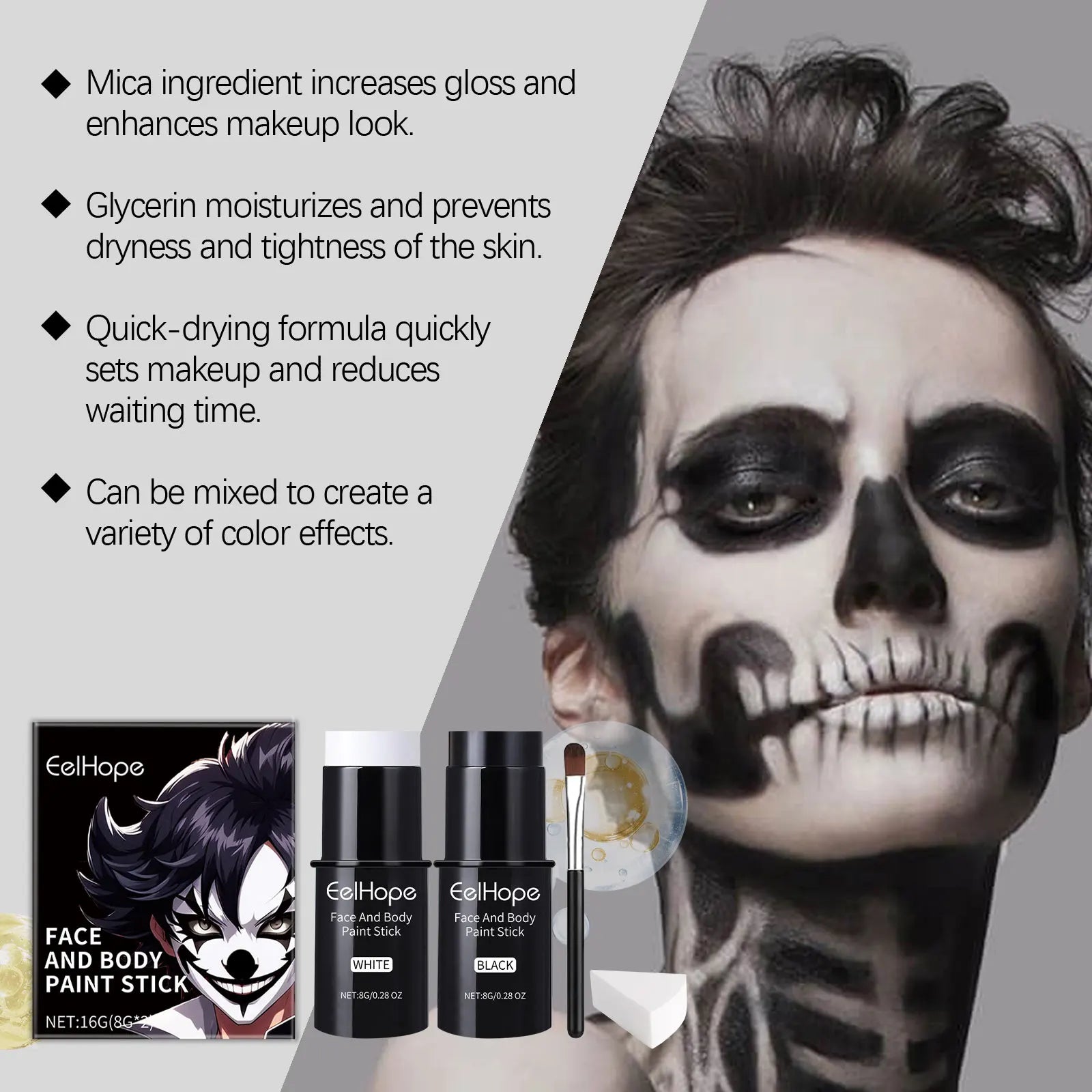 Halloween Face Painting Kit Black White Body Paint Set DIY Cosplay Foundation Clown Colorful Lasting Waterproof Festive Makeup