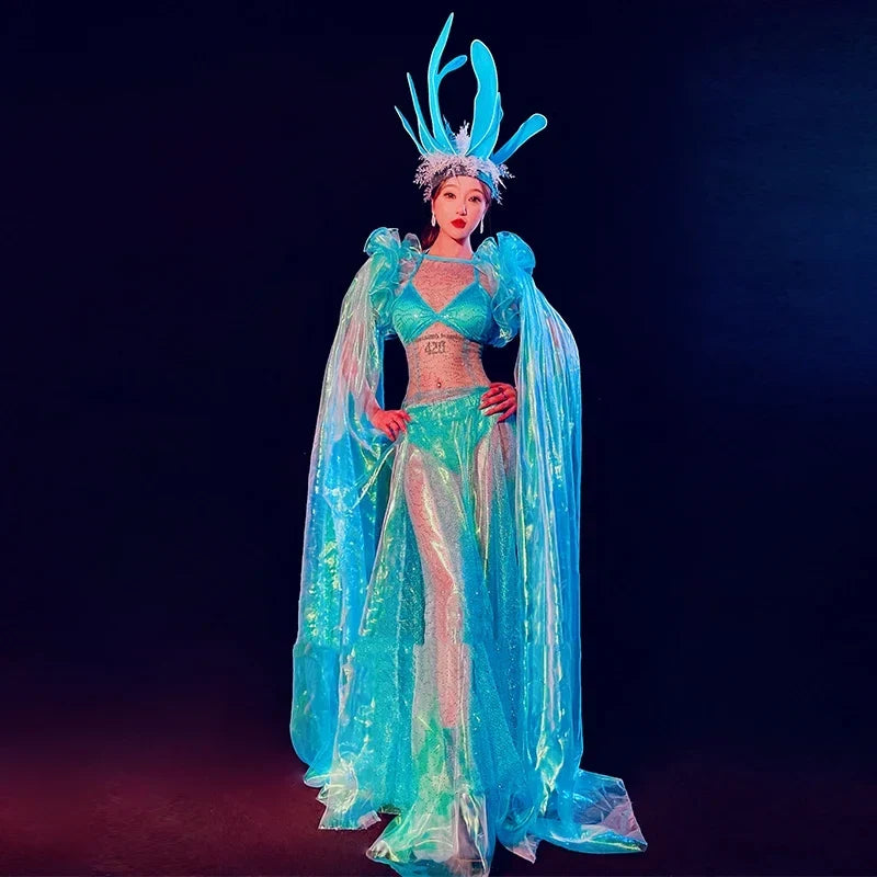 Siren of the Sea Sheer Ombré Gown & Sculpted Headdress Ocean Stage Costume Set