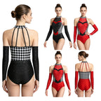 Queen of Hearts Rhinestone Halter Bodysuit & Sleeves Checkered Circus Stage Costume Set