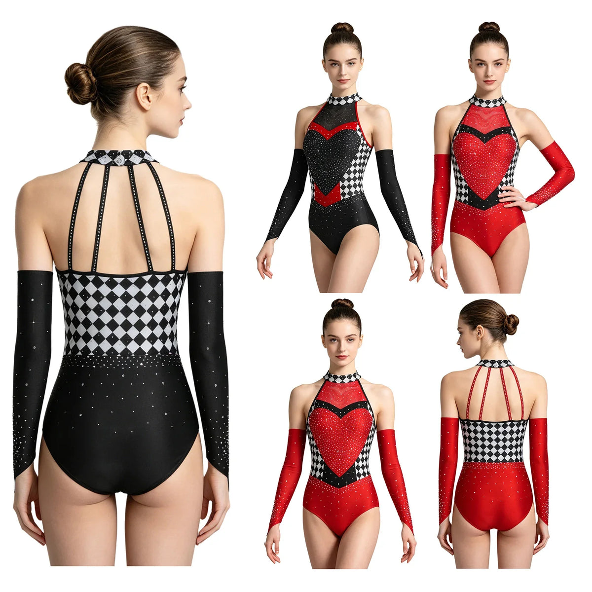 Queen of Hearts Rhinestone Halter Bodysuit & Sleeves Checkered Circus Stage Costume Set