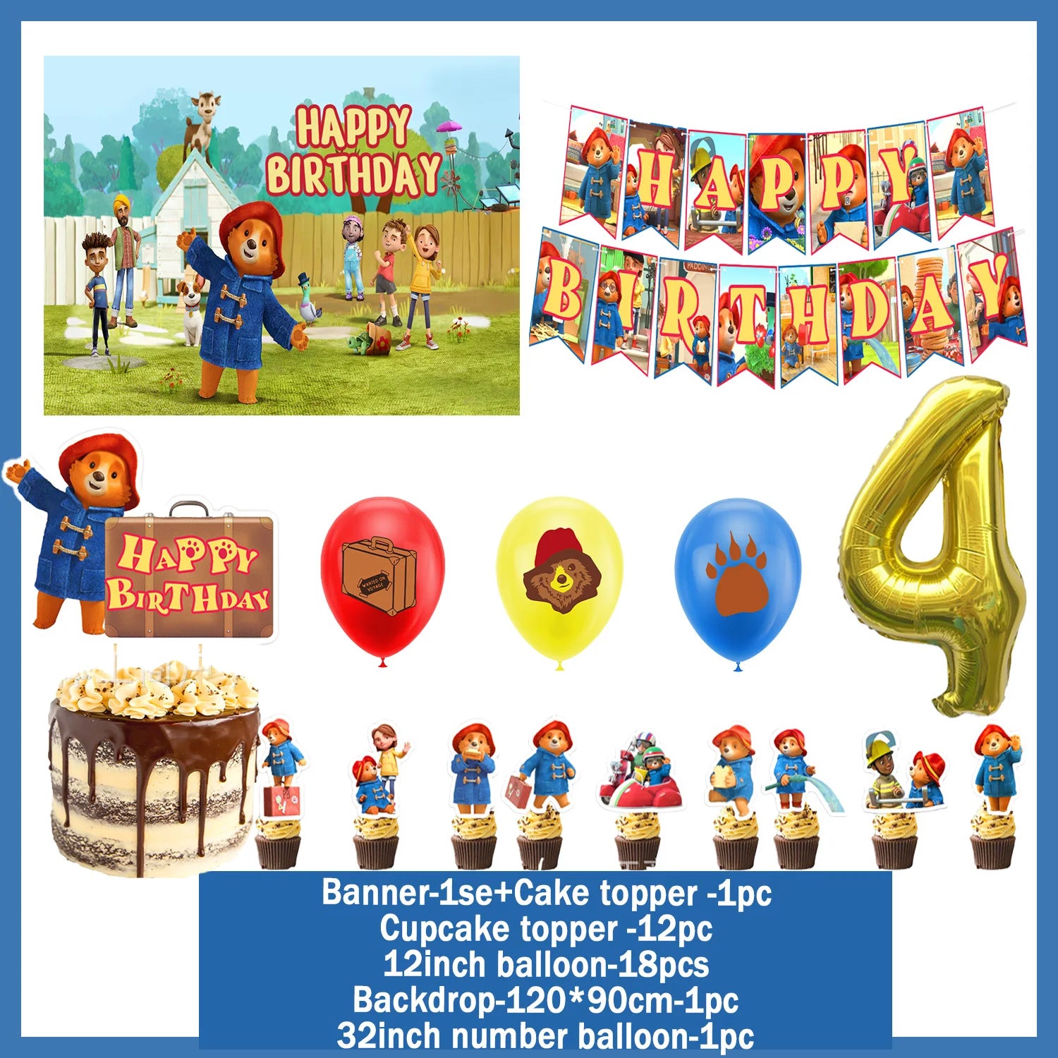 Cartoon&Paddingtons Party Supplies Happy Birthday Banner Bears Balloons Cupcake Toppers Backdrop Kids Birthday Baby Shower Gift