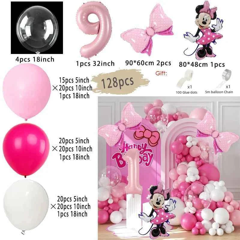 128PCS Minnie Mouse Pink Bow Aluminum Mold Balloon Garland Arch Set Girl Princess Birthday Party Baby Shower Decoration Supplies