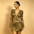 Tiger Print Rhinestone Mesh Long-Sleeve Mini Dress Deep V-Neck Stage Costume