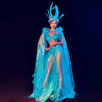 Siren of the Sea Sheer Ombré Gown & Sculpted Headdress Ocean Stage Costume Set