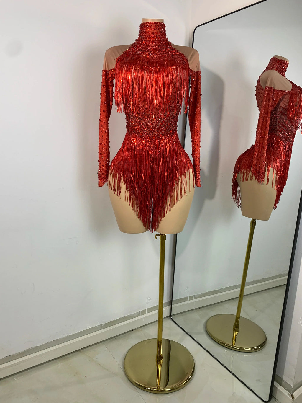 Red Rhinestones Skinny Bodysuit Women Sexy Long Sleeve Tassel Performance Singer Dance Costume Nightclub Celebrate Stage Wear