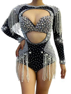 The Stardust Diamond Cutout Bodysuit – Luxury Rhinestone & Pearl Fringe Showgirl Costume
