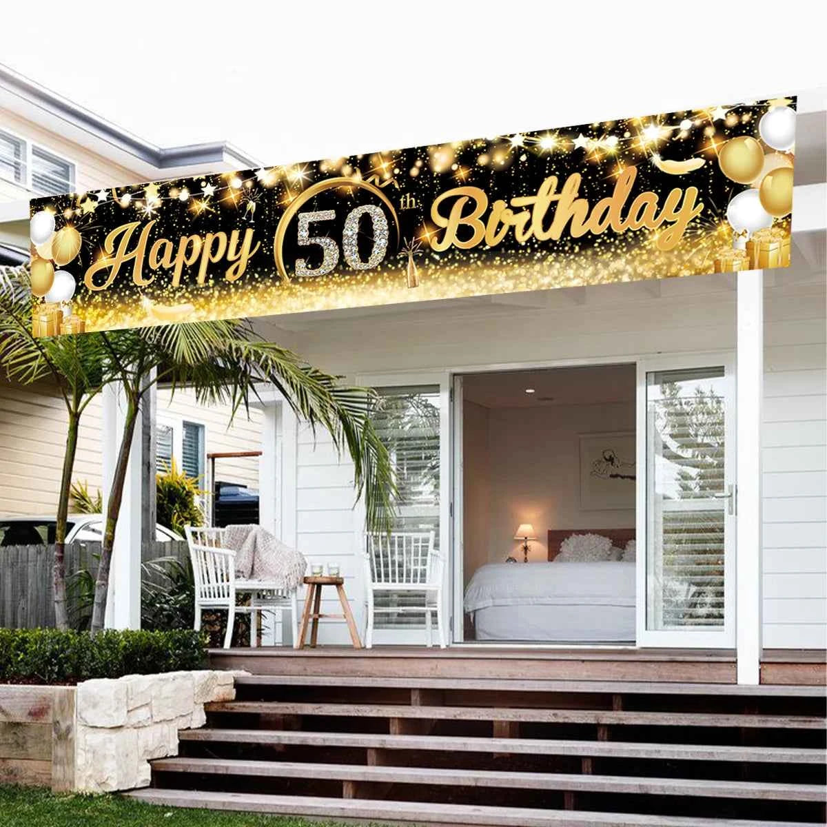 Black Gold Happy Birthday Banner Balloon Flag Adult 30th 40th 50th 60th Birthday Party Decoration Supplies Bunting Anniversary