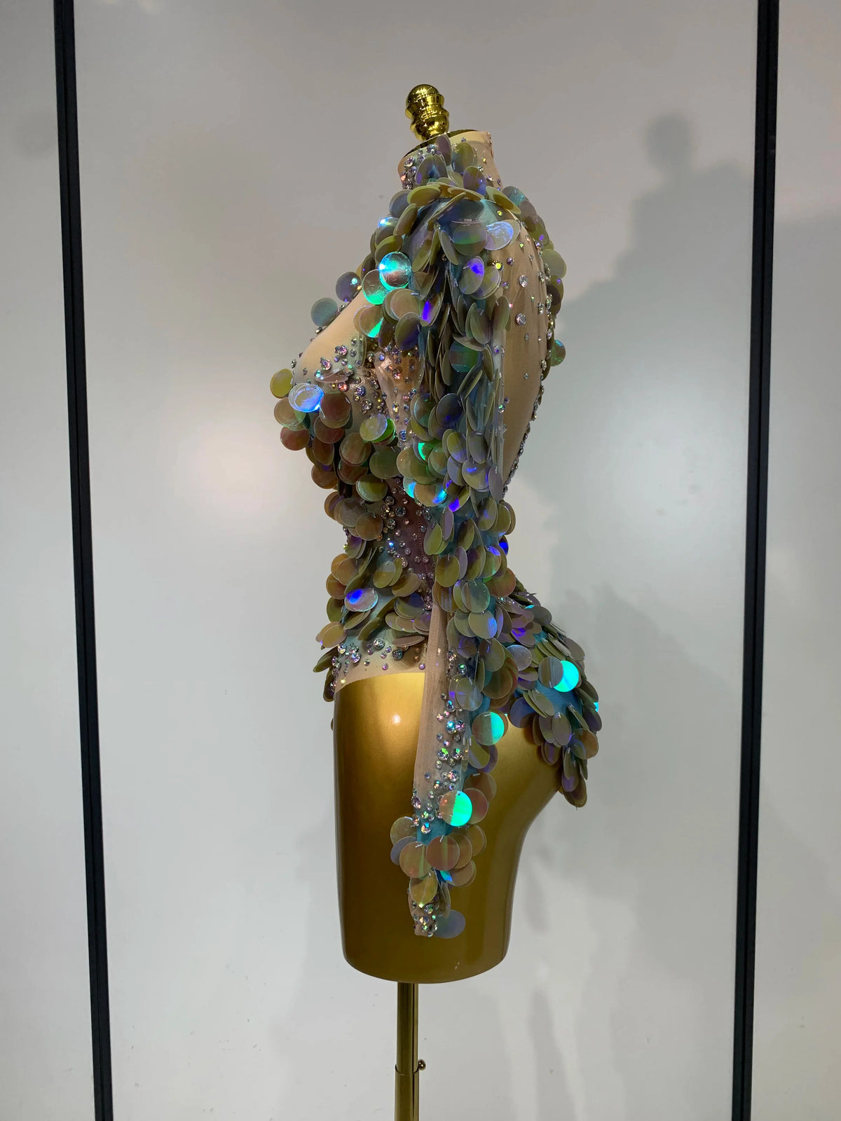 Iridescent Mermaid Scale Sequin & Rhinestone Illusion Bodysuit Stage Costume