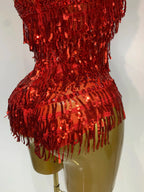 Sparkly Rhinestone Tassel Backless Mesh Bodysuit Luxury Stage Performance Costume