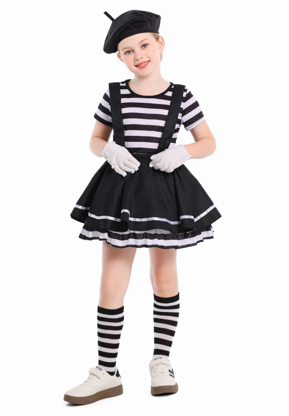 Girls Silent Actor Mime Artist Costume Funny Black White Clown Cosplay Dress for Halloween Carnival Party Outfits - Big Tim's Magic Emporium