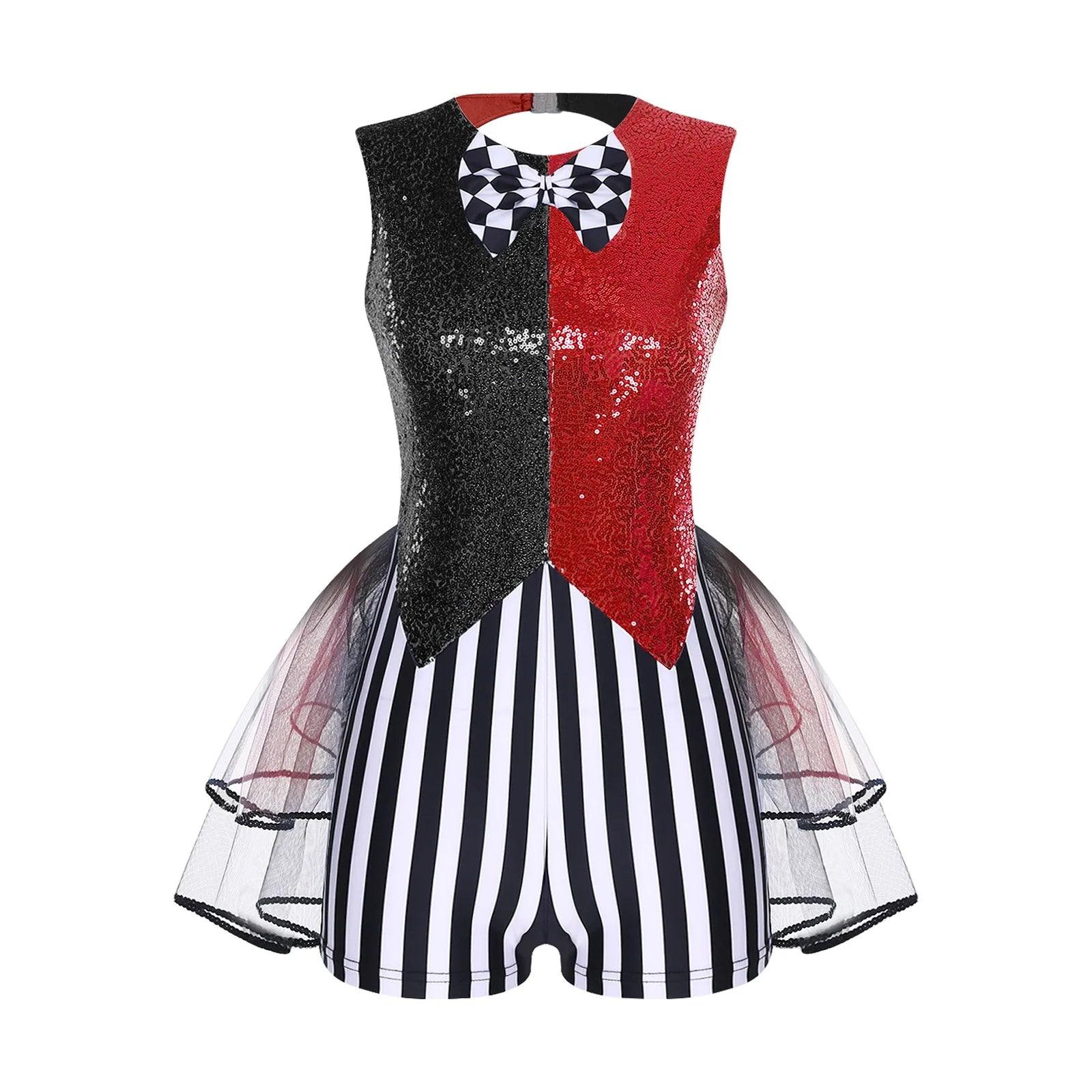 Womens Circus Clown Mad Hat Cosplay Costume Jumpsuit Sequin And Striped Patchwork Checker Bowtie Tiered Tulle Hem Cutout Rompers - Big Tim's Magic Emporium