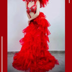Hollow-Out Rhinestone Bodysuit & Feathered Layered Skirt Carnival Costume Set