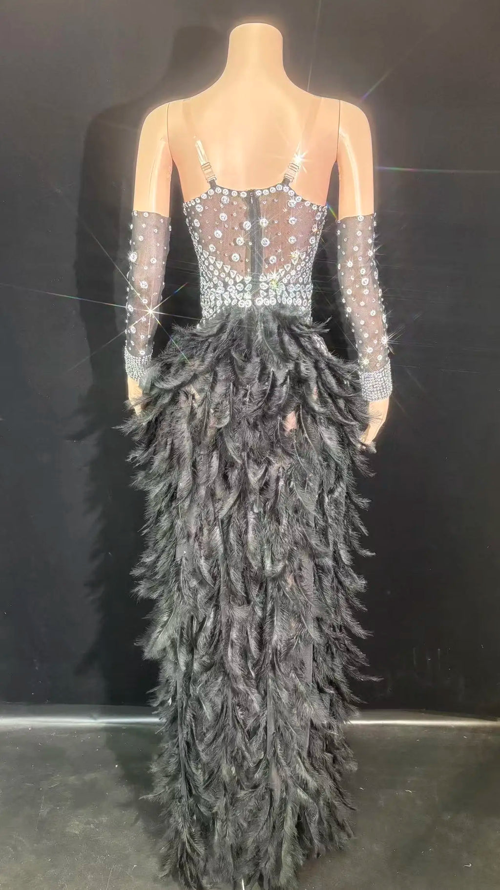 Rhinestone Chain Bodysuit with Detachable Feather Train & Sleeves 3-Piece Stage Costume Set