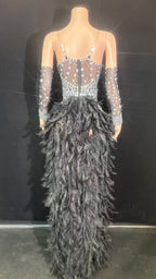 Rhinestone Chain Bodysuit with Detachable Feather Train & Sleeves 3-Piece Stage Costume Set