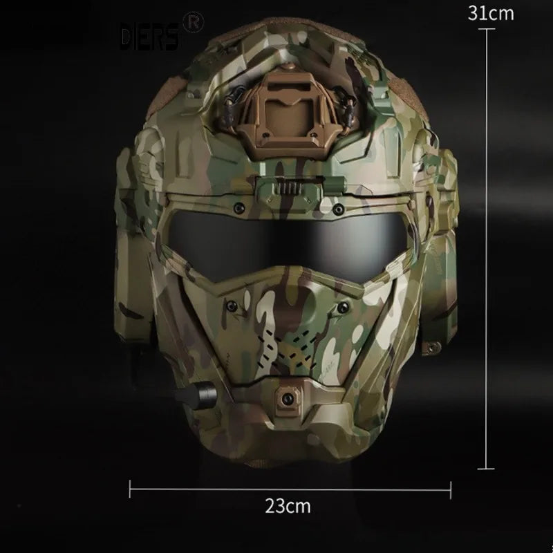 Full Face Helmet with Built-in HD Earphone, Flip-Up Mask & Anti-Fog Fan, Replaceable Lens & NVG Mount for Game/Role-Play/Riding