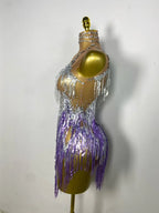 Sparkly Rhinestone & Tassel Fringe Latin Dance Mini Dress Stage Costume