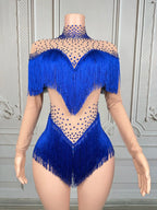 Sparkly Rhinestone Tassel Fringe Dance Performance Costume Stage Bodysuit