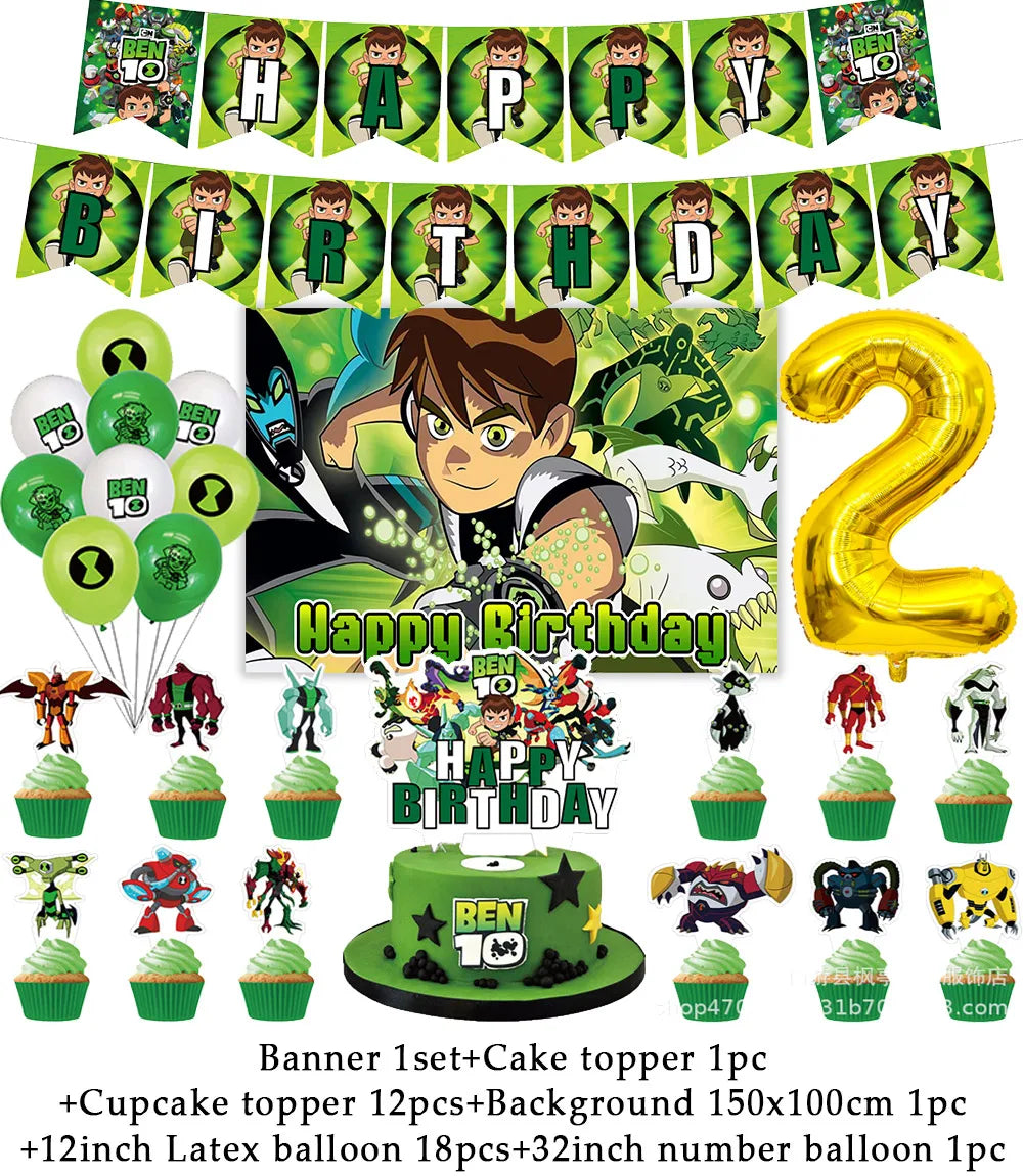 Cartoon Ben-10 Birthday Party Decoration Balloons Favor Set Banner Cake Toppers Baby Shower Boys Gift Party Supplies Photo Prop