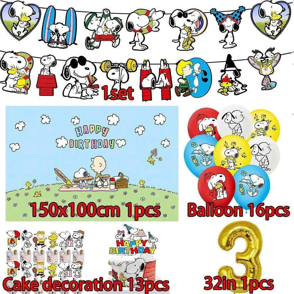 Cartoon Snoopys Birthday Decoration Set Banners Cake Toppers Balloons Backdrops Kids Birthday Gifts Baby Shower Party Supplies
