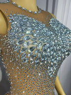 Sparkly Rhinestone Sheer Mesh Bodysuit Backless Stage Costume Leotard