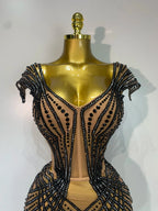 Sparkly Rhinestone Mesh Strapless Mini Dress Evening Stage Performance Outfit