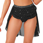 Womens Modern Lyrical Dance Skirt Performance Costume Sparkly Rhinestone Irregular Chiffon Hem Built-in Briefs Skirt Dancewear