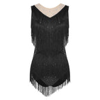 Sparkly Rhinestone & Tassel Fringe Latin Dance Leotard Crew Neck Bodysuit