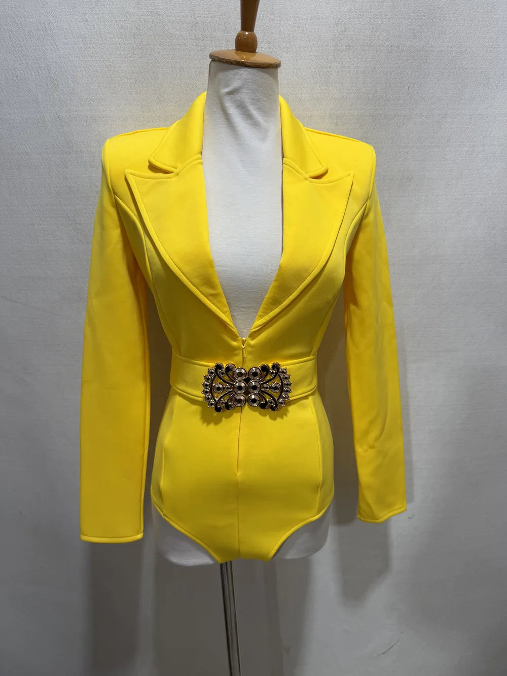 Women's Long Sleeve Blazer Bodysuit with Crystal Belt, V-Neck Zipper Stage & Concert Performance Costume
