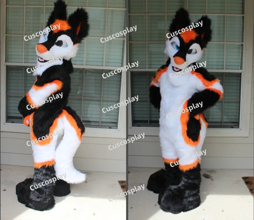 Christmas Black White Husky Dog Fox Mascot Costume Long Fur Furry Fursuit Wolf Cosplay Party Halloween Suit for Adults - Big Tim's Magic Emporium