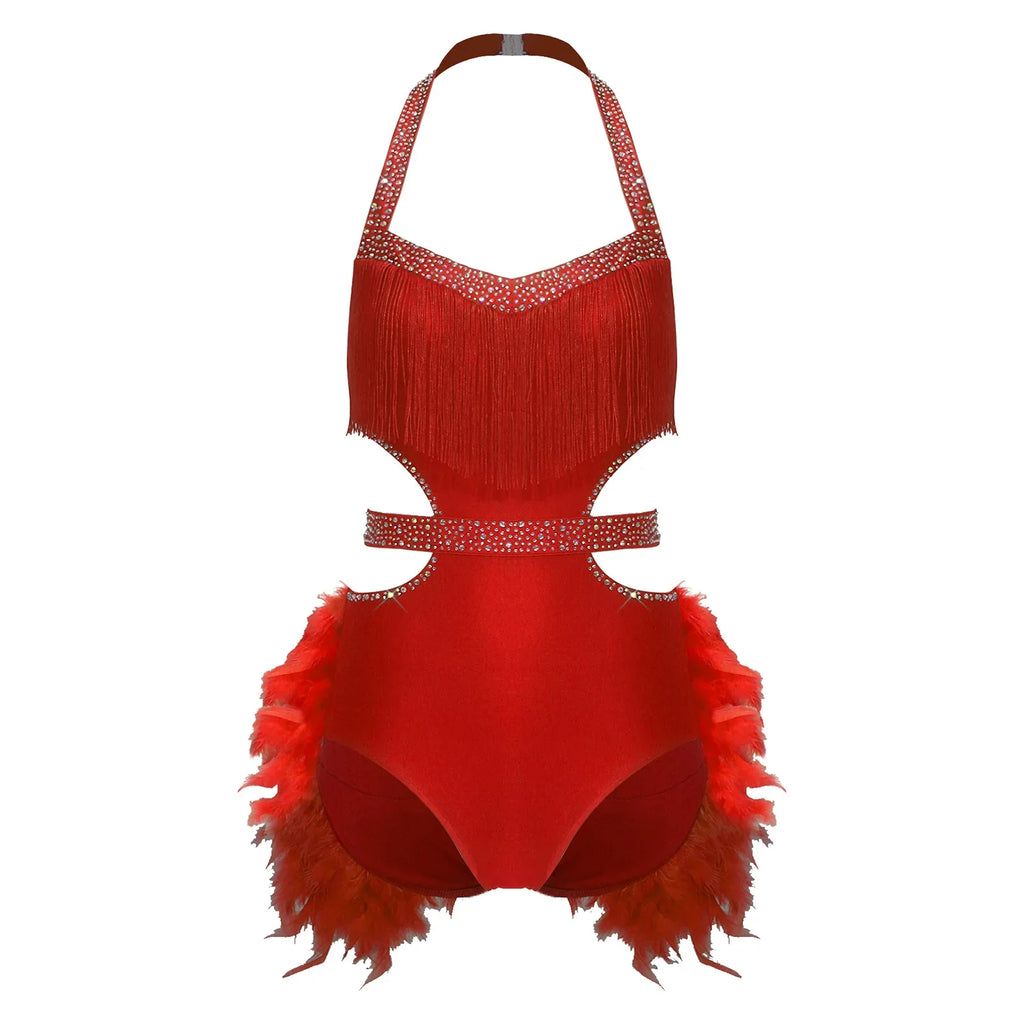 Glittery Rhinestone & Faux Feather Latin Dance Leotard Halter Bodysuit