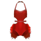 Glittery Rhinestone & Faux Feather Latin Dance Leotard Halter Bodysuit