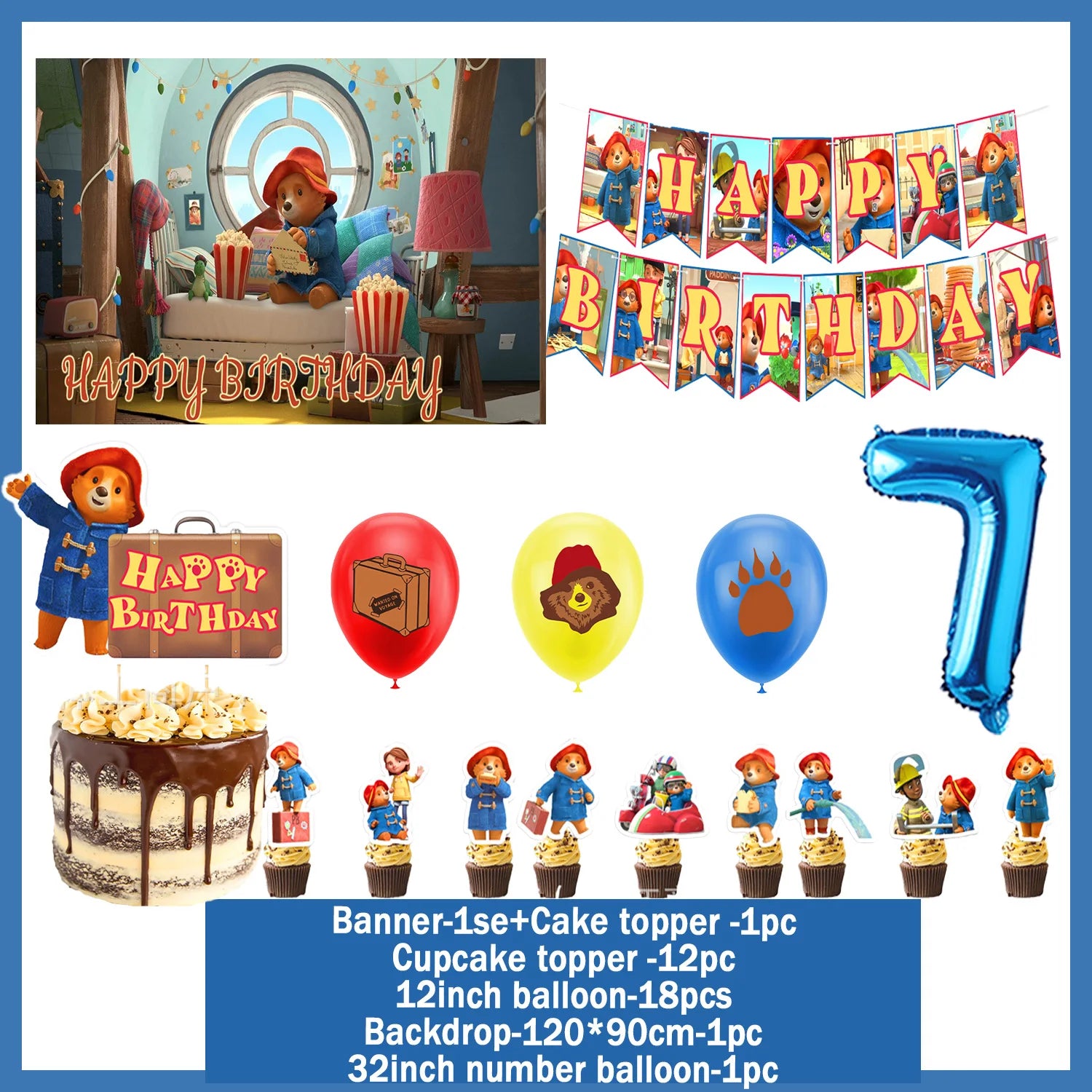 Cartoon&Paddingtons Party Supplies Happy Birthday Banner Bears Balloons Cupcake Toppers Backdrop Kids Birthday Baby Shower Gift