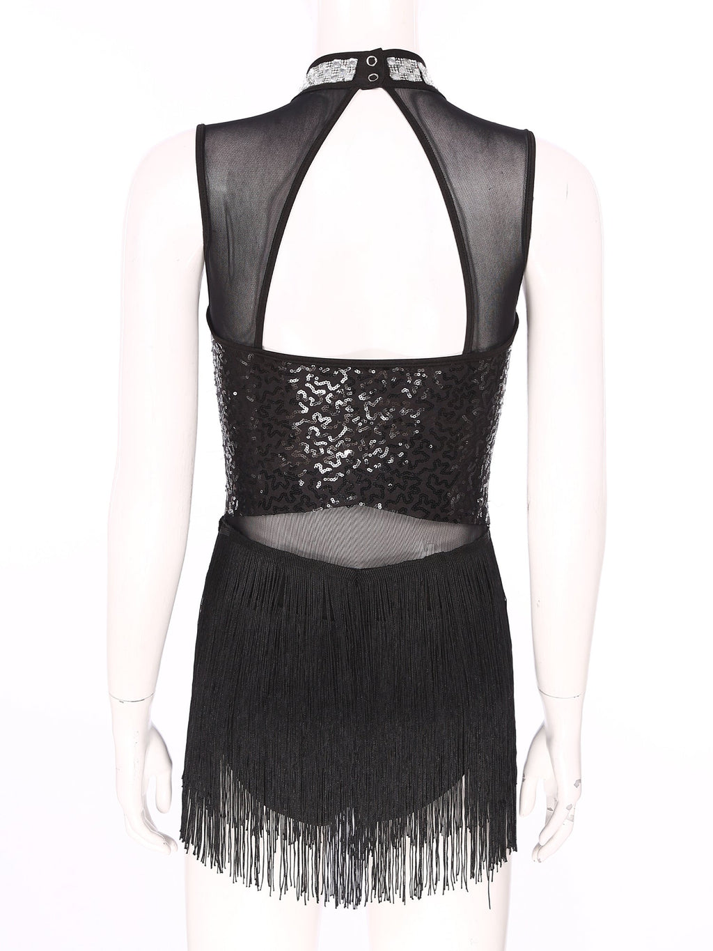 Women Sequins Diamond Latin Jazz Dance Costume Sleeveless Cutout Back Flowy Tassel Dress Leotard Tango Cha-Cha Samba Dancewear