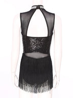 Women Sequins Diamond Latin Jazz Dance Costume Sleeveless Cutout Back Flowy Tassel Dress Leotard Tango Cha-Cha Samba Dancewear