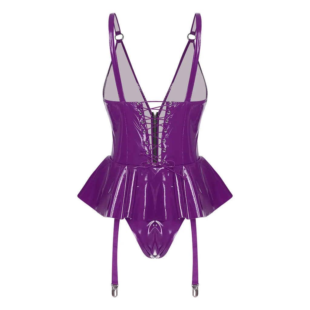 Glossy Wet-Look Halter Romper Bodysuit with Flared Skirt Hem & Integrated Garters