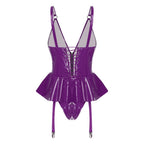 Glossy Wet-Look Halter Romper Bodysuit with Flared Skirt Hem & Integrated Garters