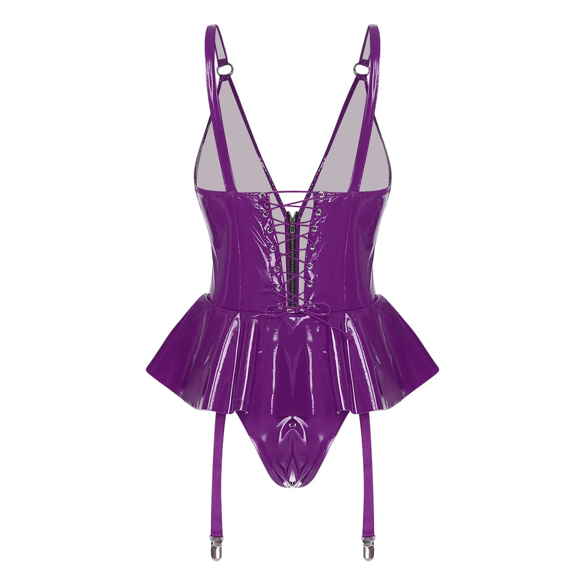 Glossy Wet-Look Halter Romper Bodysuit with Flared Skirt Hem & Integrated Garters