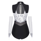 Sparkly Sequin Mock Neck Dance Leotard & Gloves Two-Piece Bodysuit Set