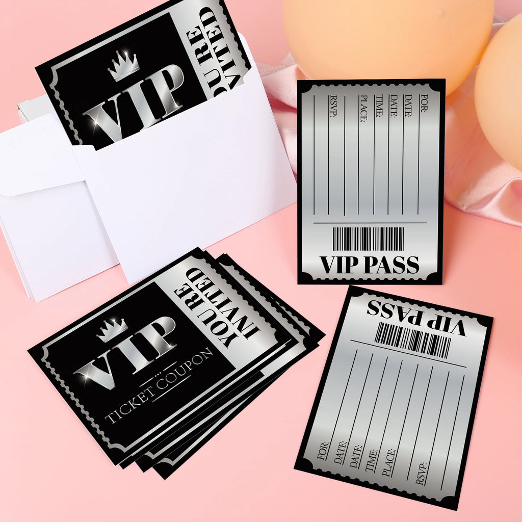 20 VIP party invitations, double-sided gold and silver, themed birthday celebration invitation cards, paper tickets for various - Big Tim's Magic Emporium