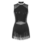 Women Sequins Diamond Latin Jazz Dance Costume Sleeveless Cutout Back Flowy Tassel Dress Leotard Tango Cha-Cha Samba Dancewear