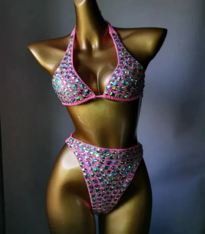 Nightclub Bar Sexy Disco Pole Dance Crystal Bikini Costume DJ Dancer Club Party Rave Outfit Pink Rhinestones Bra Set Stage Wear
