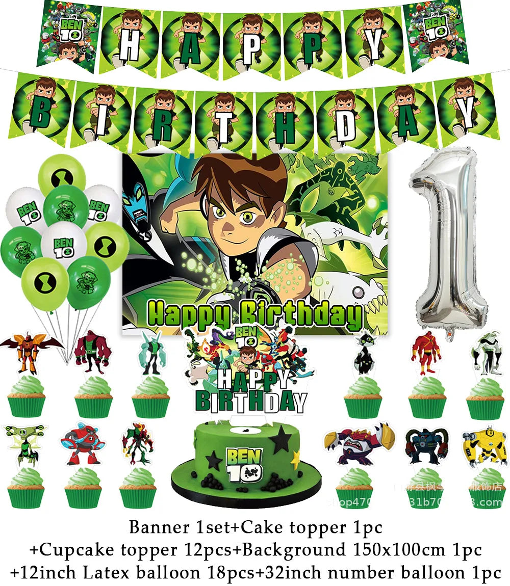 Cartoon Ben-10 Birthday Party Decoration Balloons Favor Set Banner Cake Toppers Baby Shower Boys Gift Party Supplies Photo Prop