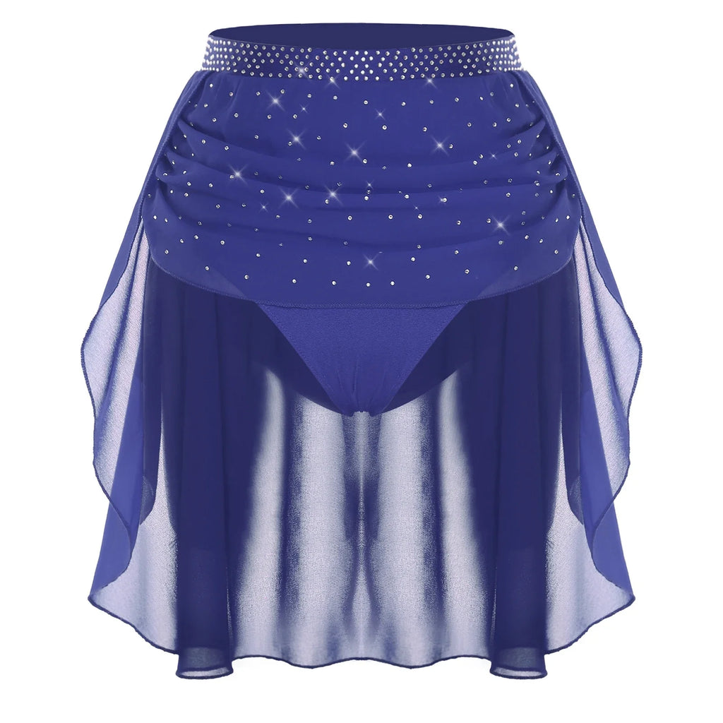 Womens Modern Lyrical Dance Skirt Performance Costume Sparkly Rhinestone Irregular Chiffon Hem Built-in Briefs Skirt Dancewear