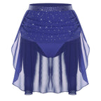 Womens Modern Lyrical Dance Skirt Performance Costume Sparkly Rhinestone Irregular Chiffon Hem Built-in Briefs Skirt Dancewear