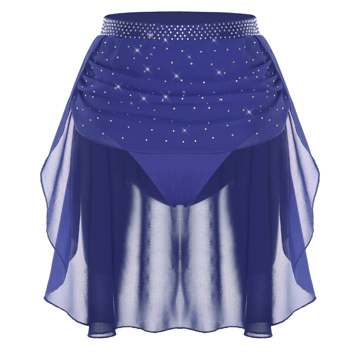 Womens Modern Lyrical Dance Skirt Performance Costume Sparkly Rhinestone Irregular Chiffon Hem Built-in Briefs Skirt Dancewear