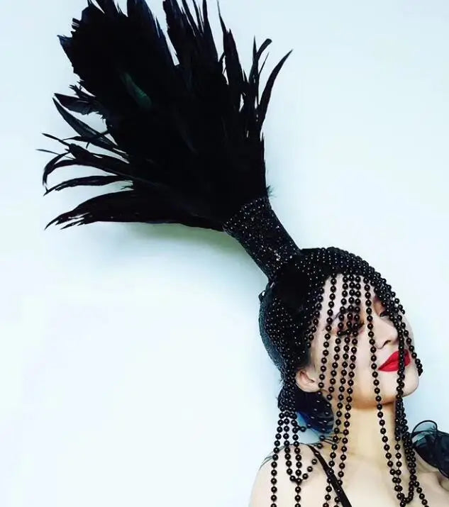 Red White Feather Beading Headgear Rhinestones Bikini Set for Nightclub Bar Leading Dance Team Model Show Performance Costume